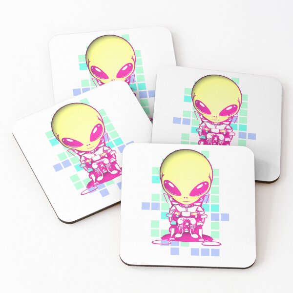 Item preview, Kawaii Alien Drinking Coffee Pixel Background designed and sold by AstronautMerch.