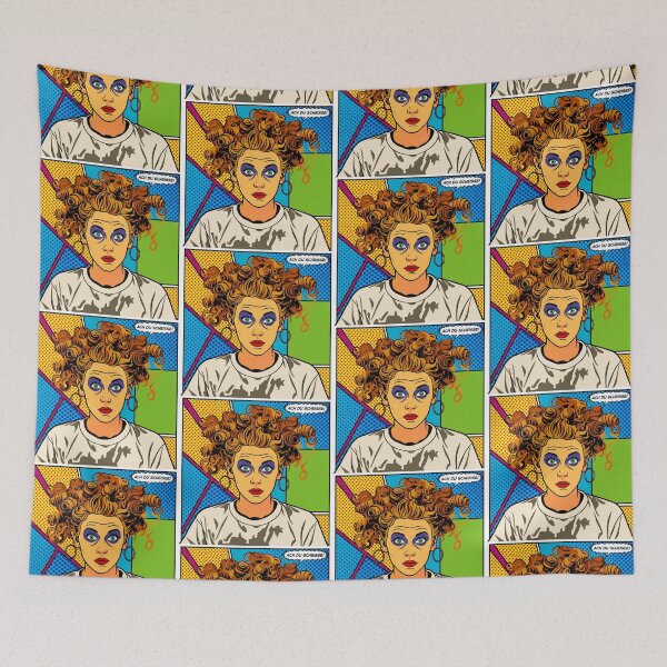 Artikelvorschau, Pop Art Grafik Frau wirren Haaren Portrait ach du Sch... buntes Festival entworfen und verkauft von G-M-Designs.