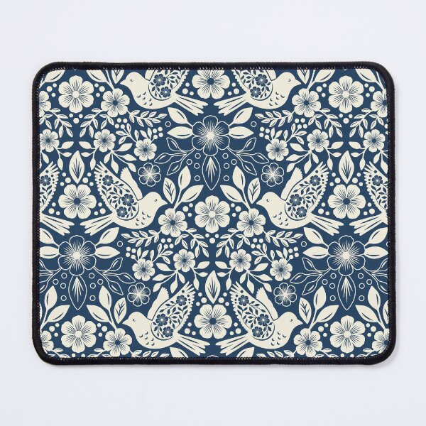 Item preview, Folk art silhouettes of flowers and birds in navy blue  designed and sold by Jennifer Ladd.