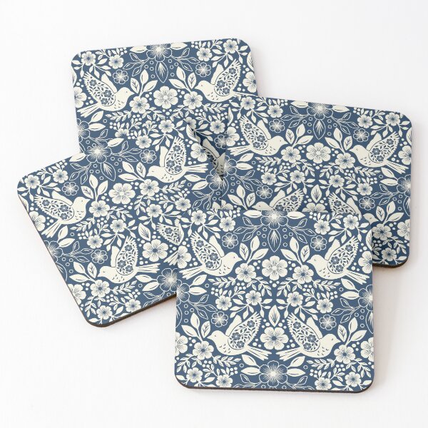 Item preview, Folk art silhouettes of flowers and birds in navy blue  designed and sold by Jennifer Ladd.