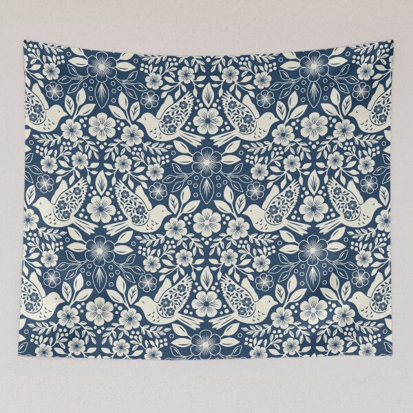 Item preview, Folk art silhouettes of flowers and birds in navy blue  designed and sold by Jennifer Ladd.
