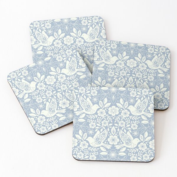 Item preview, Folk art silhouettes of flowers and birds in pale blue  designed and sold by Jennifer Ladd.