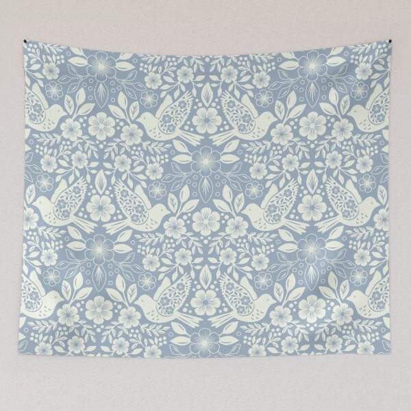 Item preview, Folk art silhouettes of flowers and birds in pale blue  designed and sold by Jennifer Ladd.