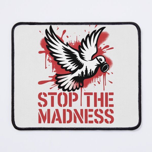 Item preview, Banksy dove wearing a gas mask flying above a battlefield skyline - STOP THE MADNESS designed and sold by 123ks.