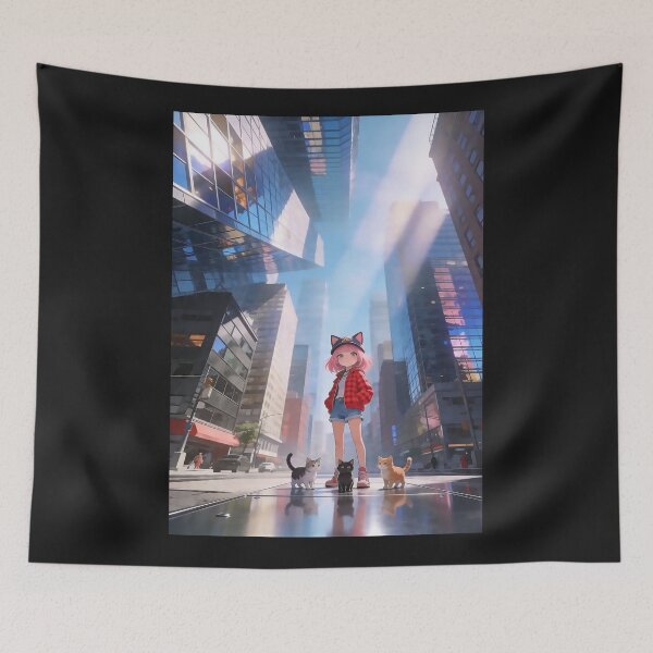 Item preview, Anime Girl with Cats in City designed and sold by deadstudio.