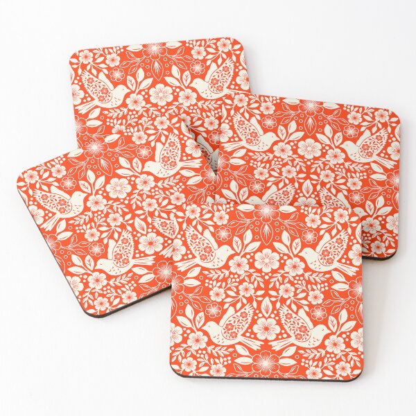 Item preview, Folk art silhouettes of flowers and birds in orange  designed and sold by Jennifer Ladd.