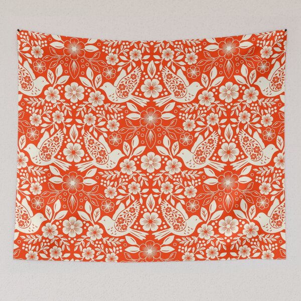Item preview, Folk art silhouettes of flowers and birds in orange  designed and sold by Jennifer Ladd.