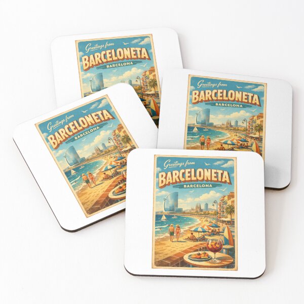 Item preview, Greetings from Barceloneta Barcelona – Vintage Beach Travel Poster designed and sold by Earth Celebration Designs.