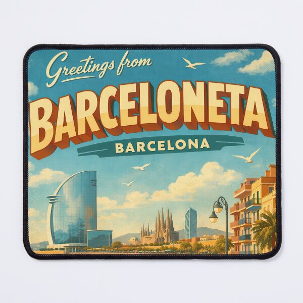 Item preview, Greetings from Barceloneta Barcelona – Vintage Beach Travel Poster designed and sold by Earth Celebration Designs.