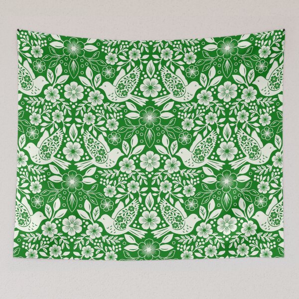 Item preview, Folk art silhouettes of flowers and birds in green designed and sold by Jennifer Ladd.
