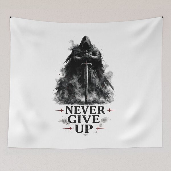 Item preview, Never Give Up – Dark Warrior Motivation Design designed and sold by MarketWolf.