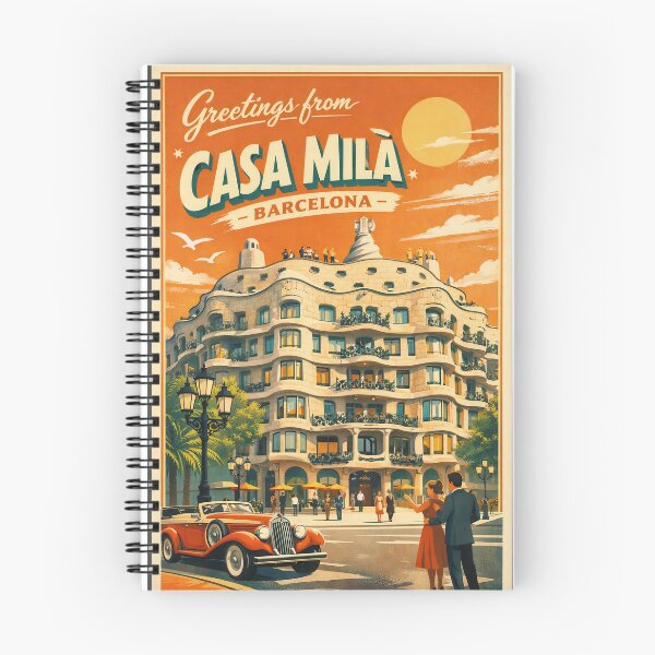 Item preview, Greetings from Casa Milà Barcelona – Retro Gaudí Architecture Poster designed and sold by Earth Celebration Designs.