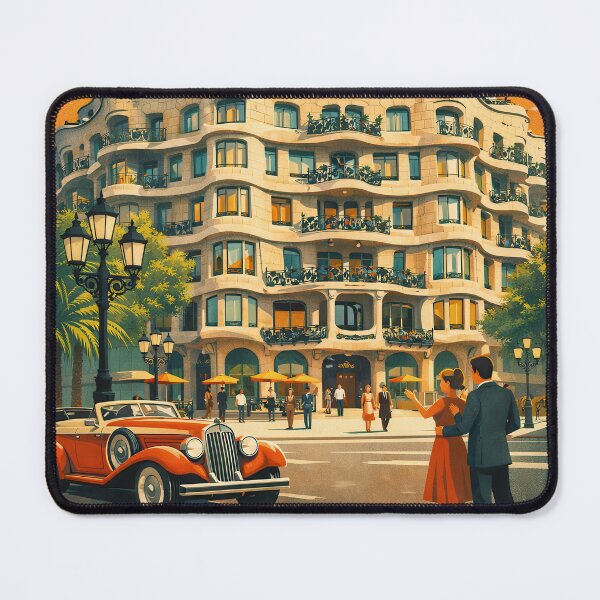 Item preview, Greetings from Casa Milà Barcelona – Retro Gaudí Architecture Poster designed and sold by Earth Celebration Designs.