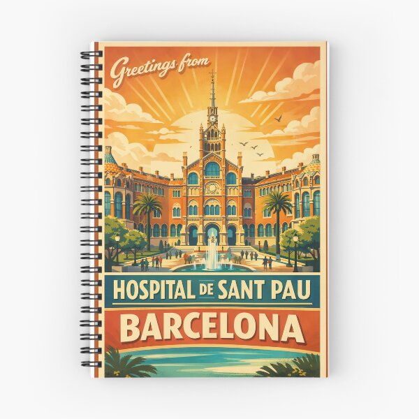 Artikelvorschau, Greetings from Hospital de Sant Pau Barcelona – Vintage Travel Poster entworfen und verkauft von Earth Celebration Designs.