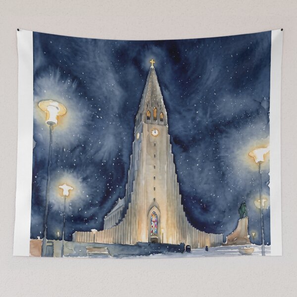 Item preview, Hallgrimskirkja, Reykjavik Iceland — Watercolour Style Portrait designed and sold by InkAndLatitude.