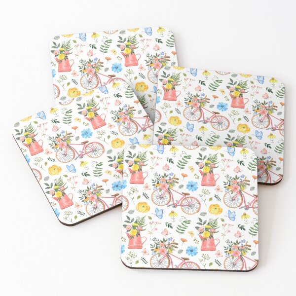 Item preview, Watercolor Vintage Bicycle Pattern - Cute Cottagecore Floral Bike designed and sold by FlatInkStudio.