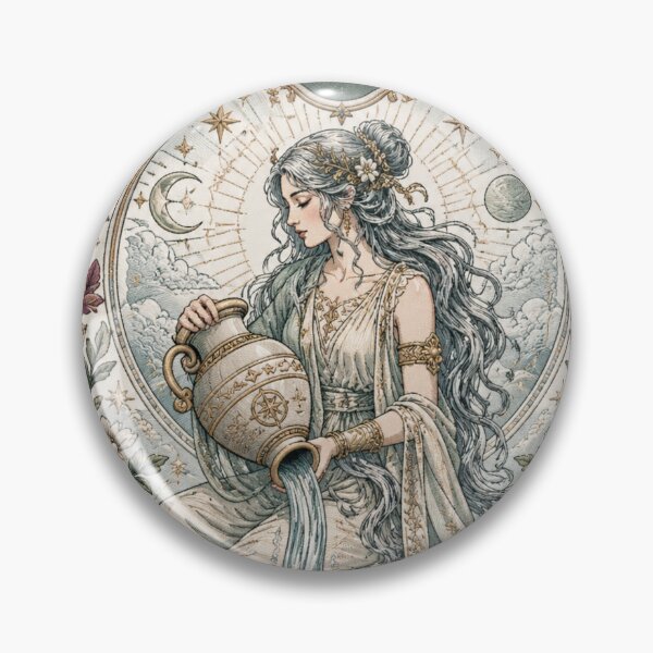 Item preview, Aquarius Zodiac Woman Water Bearer Goddess | Celestial Art Nouveau Illustration | Medieval Fantasy Faux Embroidery Art designed and sold by doinitzart.