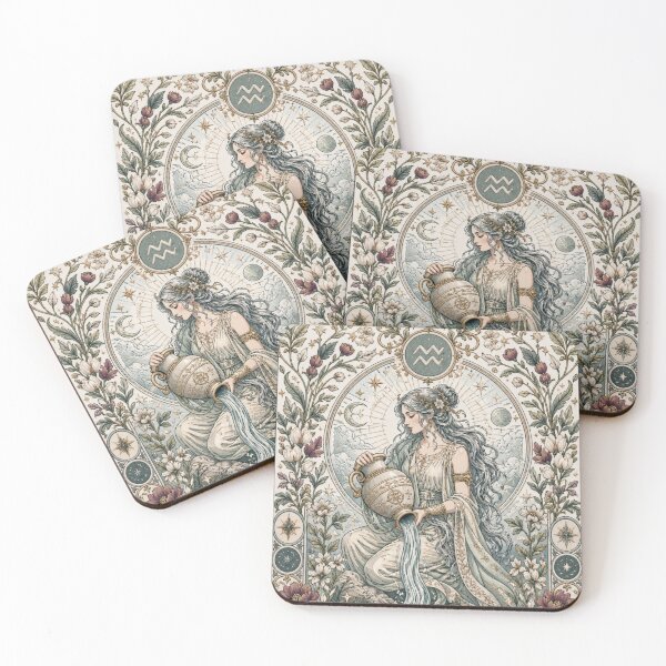 Item preview, Aquarius Zodiac Woman Water Bearer Goddess | Celestial Art Nouveau Illustration | Medieval Fantasy Faux Embroidery Art designed and sold by doinitzart.