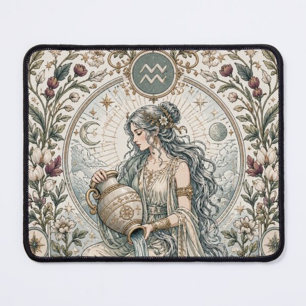 Item preview, Aquarius Zodiac Woman Water Bearer Goddess | Celestial Art Nouveau Illustration | Medieval Fantasy Faux Embroidery Art designed and sold by doinitzart.