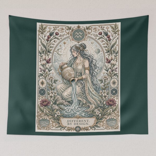 Item preview, Aquarius Zodiac Woman Water Bearer Goddess | Celestial Art Nouveau Illustration | Medieval Fantasy Faux Embroidery Art designed and sold by doinitzart.