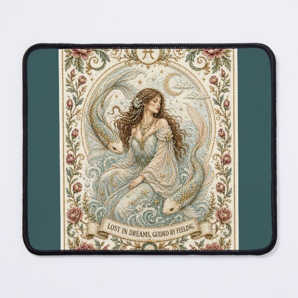 Item preview, Pisces Zodiac Woman with Fish | Medieval Fantasy Faux Embroidery Art designed and sold by doinitzart.
