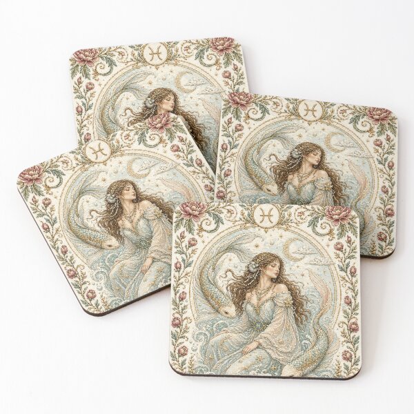 Item preview, Pisces Zodiac Woman with Fish | Medieval Fantasy Faux Embroidery Art designed and sold by doinitzart.
