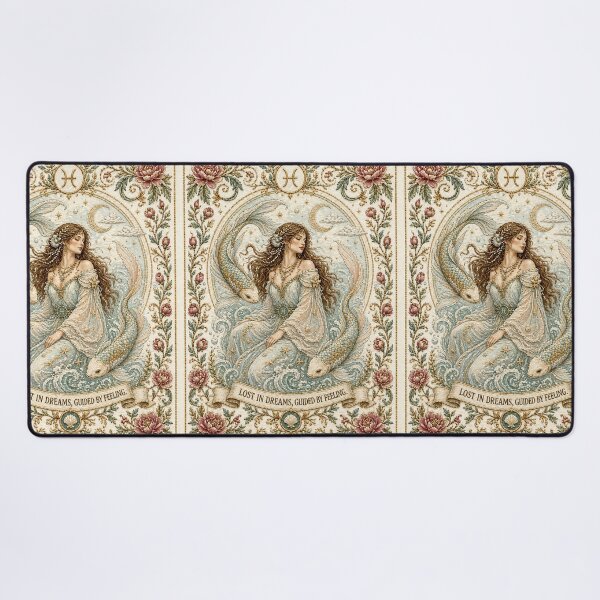 Item preview, Pisces Zodiac Woman with Fish | Medieval Fantasy Faux Embroidery Art designed and sold by doinitzart.