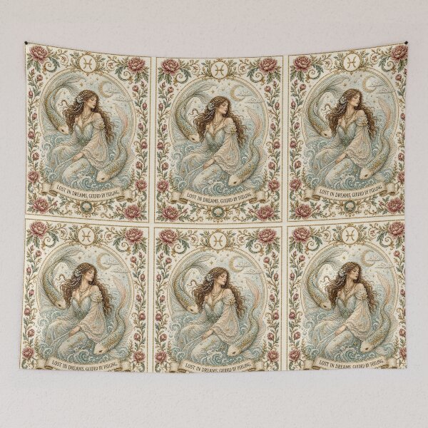 Item preview, Pisces Zodiac Woman with Fish | Medieval Fantasy Faux Embroidery Art designed and sold by doinitzart.
