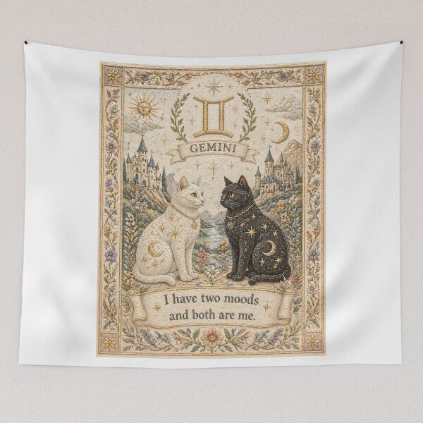 Item preview, Gemini Zodiac Cats | Medieval Faux Embroidery Animal Art designed and sold by doinitzart.
