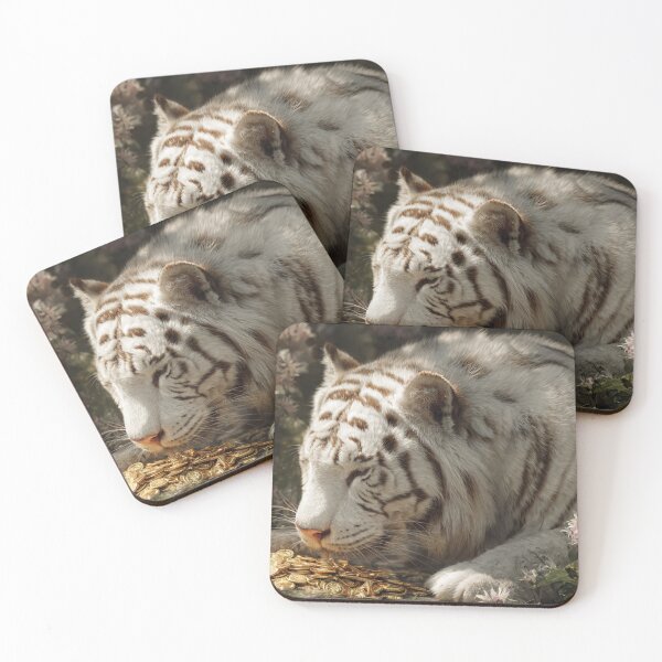 Item preview, White Tiger and the Hidden Gold | Dreamlike Fantasy Wildlife Art designed and sold by TreatLLC.