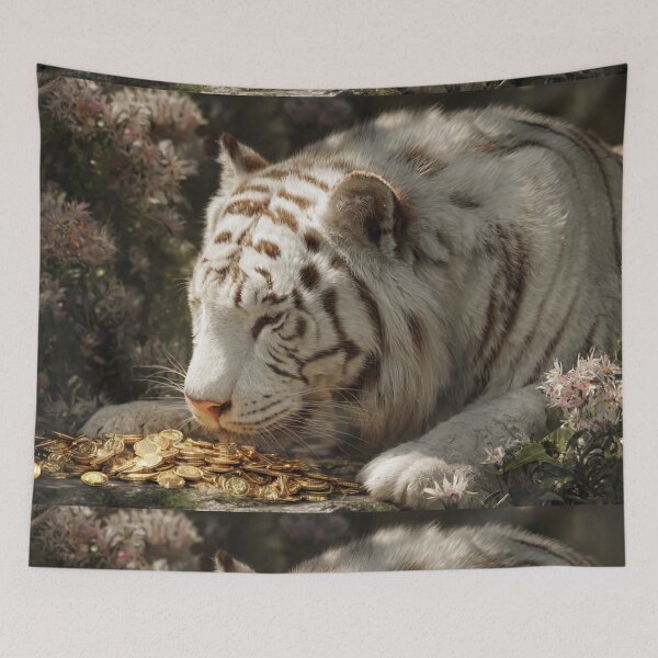 Item preview, White Tiger and the Hidden Gold | Dreamlike Fantasy Wildlife Art designed and sold by TreatLLC.