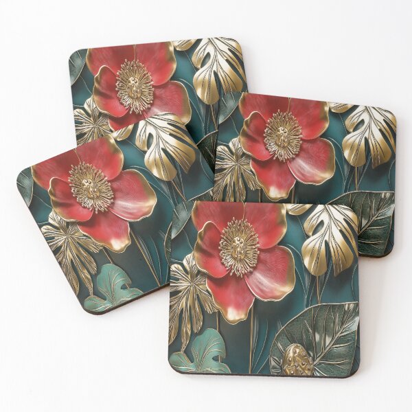 Item preview, Luxury Tropical Botanical Art Print – Gold Teal Red Floral Monstera Design designed and sold by Oraibi.