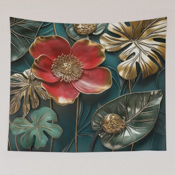 Item preview, Luxury Tropical Botanical Art Print – Gold Teal Red Floral Monstera Design designed and sold by Oraibi.