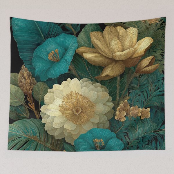 Item preview, Teal & Gold Botanical Floral Wall Art | Luxury Peony Print | Dark Floral Home Décor designed and sold by Oraibi.