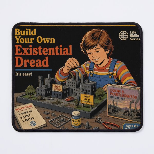 Item preview, Build Your Own Existential Dread | Retro Dark Humor Toy Box Art Print designed and sold by 4TinyPaws.