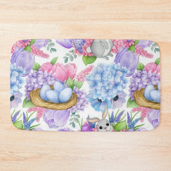 Item preview, Watercolor Easter Bunny Pattern - Cute Spring Flowers Blue Eggs designed and sold by FlatInkStudio.