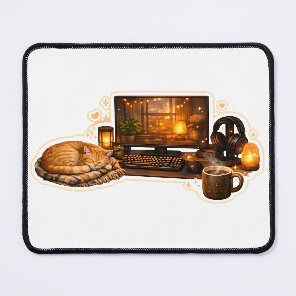 Item preview, Cozy Cat Desk Sticker – Aesthetic Gaming Setup with Coffee Mug designed and sold by Yrwil.