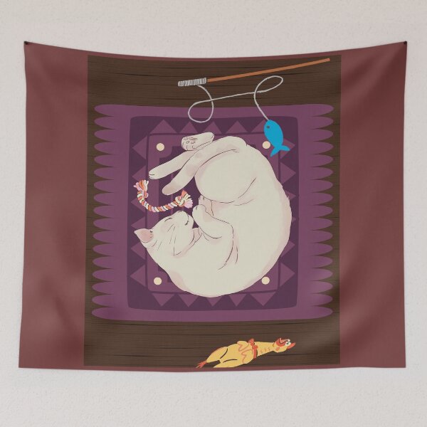 Item preview, Cozy Sleeping White Cat on Purple Rug with Toys Illustration designed and sold by samahl_l.
