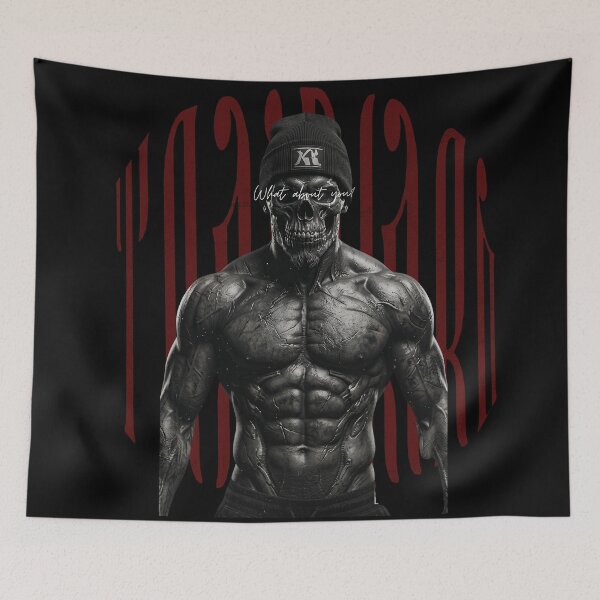 Item preview, TrainHard Dark Skull Warrior – What About You? Fitness Artwork designed and sold by TrainHardCo.