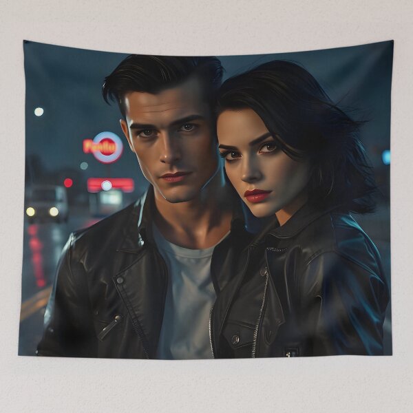 Item preview, Original Cinematic Rainy Night Noir Couple — Dramatic Leather Jacket Horror Art designed and sold by AllTidePixel23.