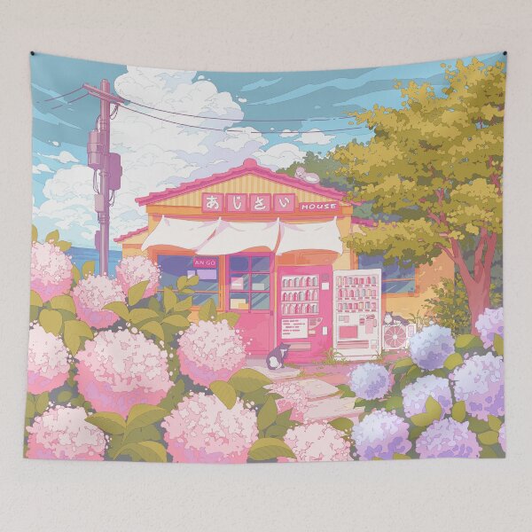 Item preview, The Hydrangea house, kawaii cats, flowers, and wonderful sky (muted soft colors) designed and sold by AnGoArt.