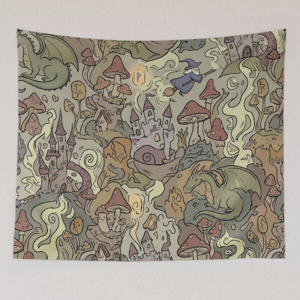 Item preview, Mushrooms Dragons Magic Landscapes Reality Fantasy Artistic Expression designed and sold by ART ATTACK ZONE.