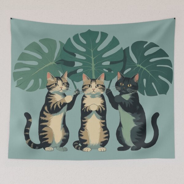 Item preview, Playful Cats Holding Monstera Leaves – Tropical Cute Cat Design designed and sold by LEO'S CREATURE　れおずくりーちゃー.