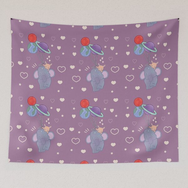 Item preview, Best Friends — Elephant and Bunny Floating on Planet Balloons Whimsical Folk Art designed and sold by Whimsy Moth .