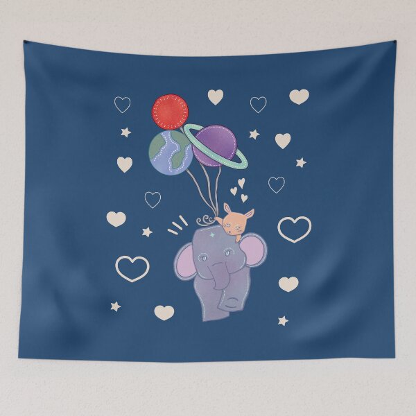 Item preview, Best Friends — Elephant and Bunny Floating on Planet Balloons Whimsical Folk Art designed and sold by Whimsy Moth .