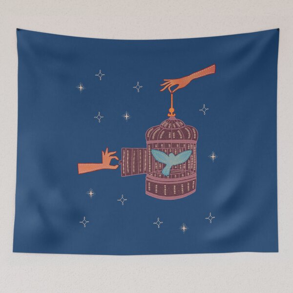 Item preview, Free Bird — Birdcage and Hands Folk Art Illustration Freedom Symbol Art designed and sold by Whimsy Moth .