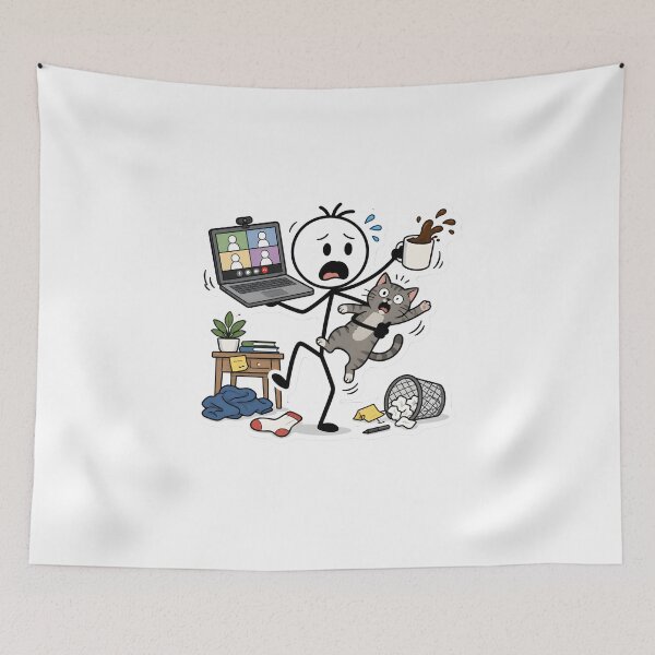 Item preview, Zoom Meeting Survival Stickman with Coffee and Cat designed and sold by StickyGuys.