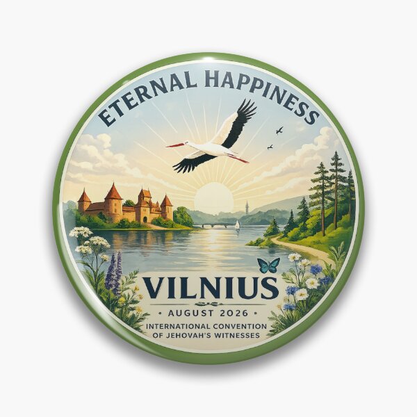 Item preview, JW Eternal Happiness – Vilnius Lithuania 2026 Inspired Convention Art | Stork & Trakai Castle Nature Design designed and sold by AdoptKM.