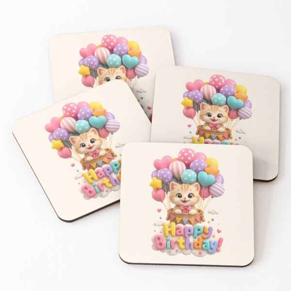 Item preview, Cute Kawaii Cat Balloon Birthday Party | Kawaii 3D Happy Birthday Art designed and sold by Moons Studio.