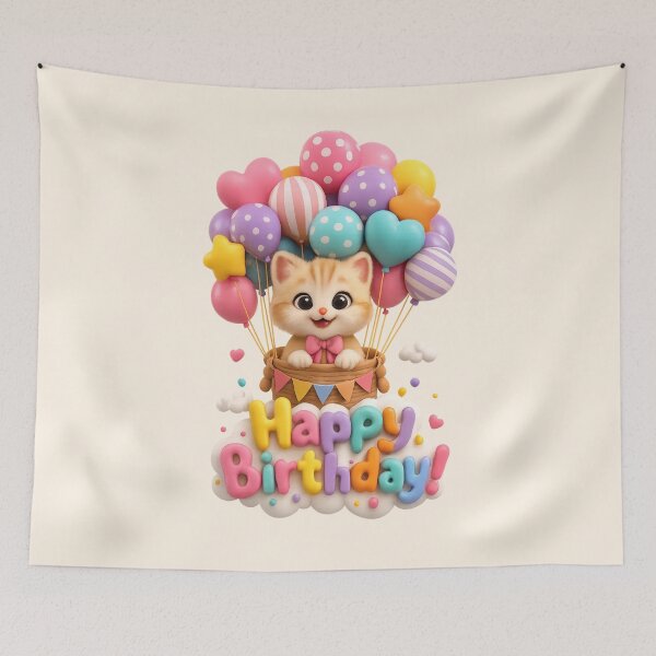 Item preview, Cute Kawaii Cat Balloon Birthday Party | Kawaii 3D Happy Birthday Art designed and sold by Moons Studio.
